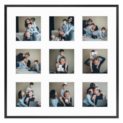 Frametory - 16x16 Aluminum Collage Picture Frame - Display 4x4 Pictures with 9 Openings Mat - Real Glass Front - Horizontal/Vertical Wall Mount - Black 1 Pack
