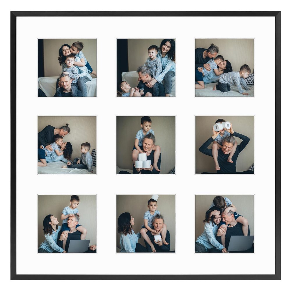 Frametory - 16x16 Aluminum Collage Picture Frame - Display 4x4 Pictures with 9 Openings Mat - Real Glass Front - Horizontal/Vertical Wall Mount - Black 1 Pack