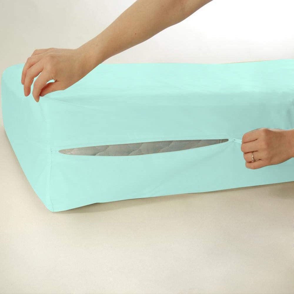 DNG Creations 100% Egyptian Cotton Zipper Mattress Cover, 1000 Thread Counts, 6 Inch Deep Pocket King Size, Solid Aqua Blue Zipper Around The Mattress