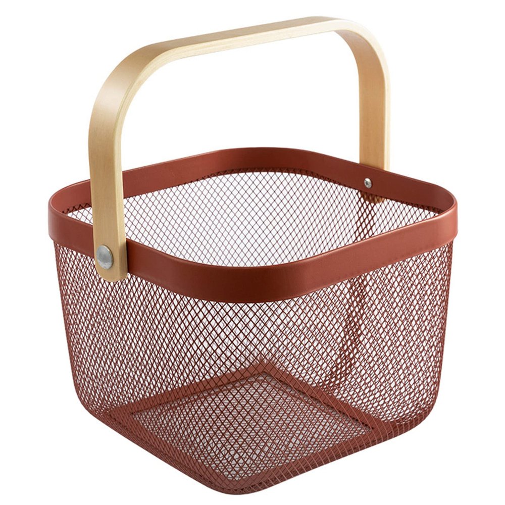 AJIODA Metal Mesh Steel Basket, Storage Organizer Basket Multi-functional Hanging Kitchen Baskets Fruit Basket Bin with Bamboo Handle for Kitchen Bathroom Picnic Shopping Decor Cabinet Home, Red