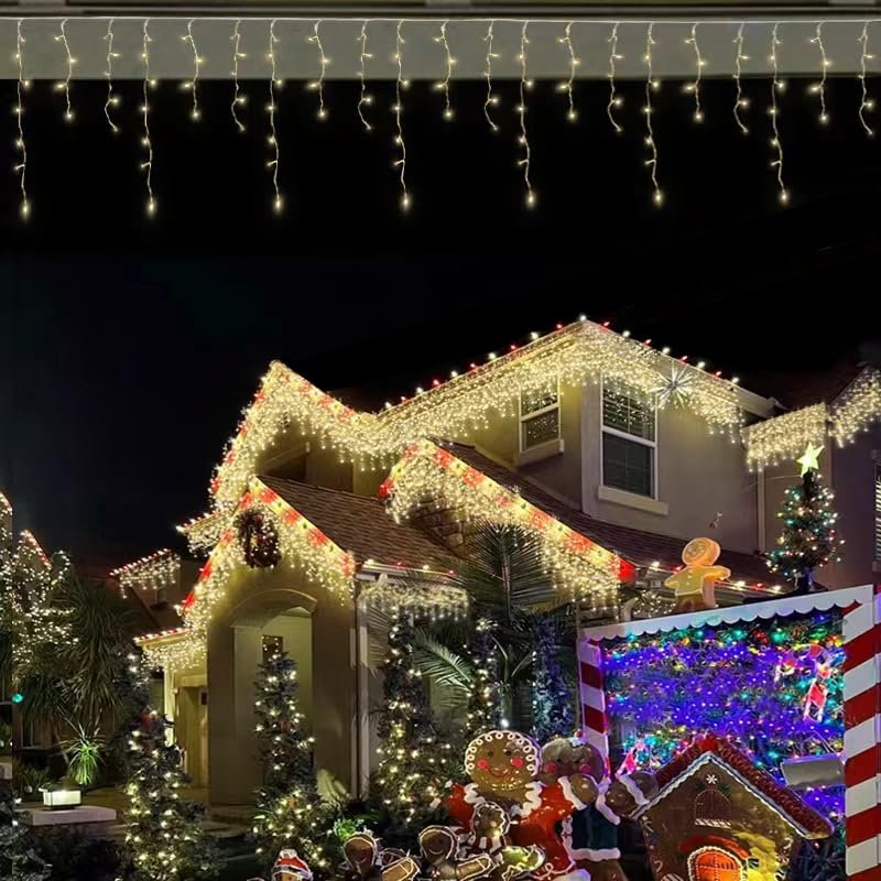 MULTI-SPARKING Christmas Icicle Lights Outdoor 58Ft 640 LED Warm White Icicle Christams Lights 120 Drops 8 Modes Icicle String Lights for Wedding Party Eaves Christmas Decorations