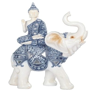ICE ARMOR 9'' H Blue and White Thai Buddha Sitting on Elephant Statue Feng Shui Decoration Religious Figurine, Multicolor (78GSC88219)