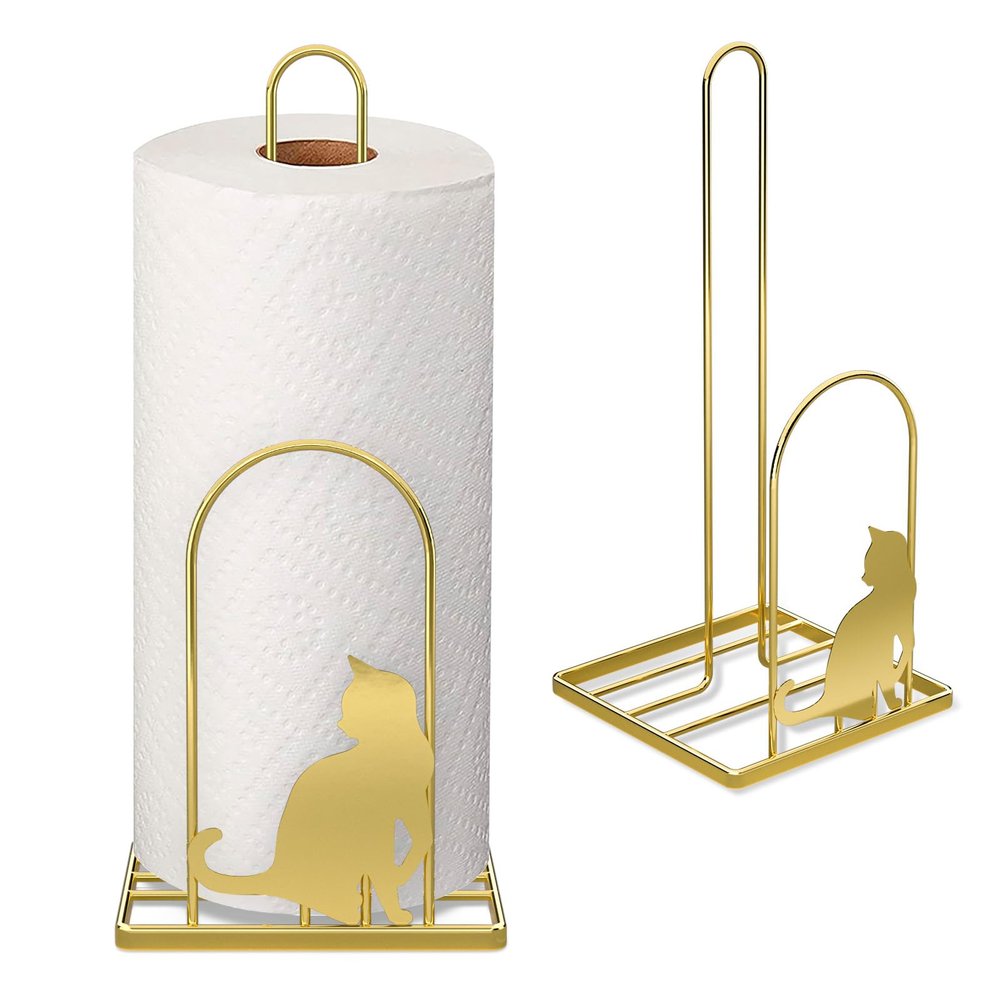 Megier Paper Towel Holder for Countertop, Kitchen Paper Towel Stand with Cat Pattern DecorationFit Standard Jumbo Roll in Dining Table or Bathroom, Toilet Paper Dispenser with Heavy Duty Base (Gold)