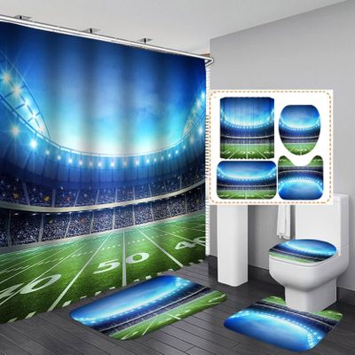 Jayden Madge 4PCS Sports Shower Curtain Set, American Football Stadium Arena 50 Yard Line Championship Sports Bathroom Decor for Men Teenage Boys, Fabric Shower Curtain, Non-slip Bath Mat, Green Field