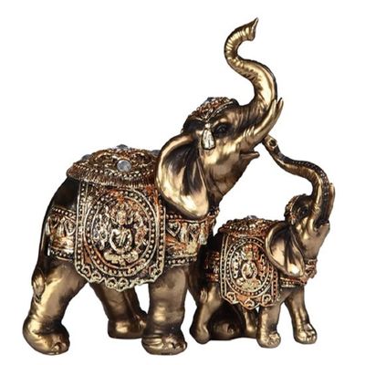 ICE ARMOR 6" W Gold Thai Elephan and Baby with Trunk Up Statue Feng Shui Decoration Religious Figurine Office Desk/Home/Living Room/Table Decor, Perfect House Warming Gifts for New Home