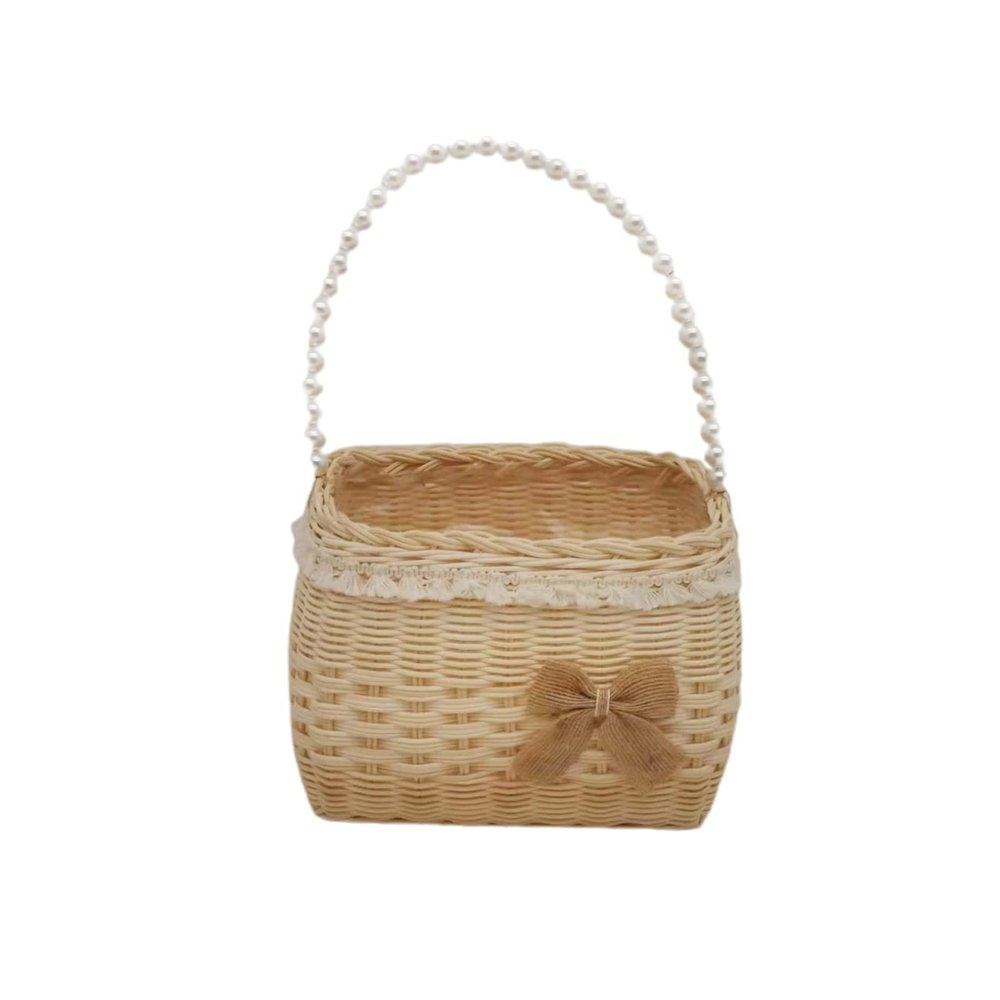 Mokylor 2 pcs Wicker Rattan Flower Basket with Pearl Hand, Wedding Flower Girl Baskets with Lace and Bow not Hand Woven Basket for Wedding Home Garden Decor