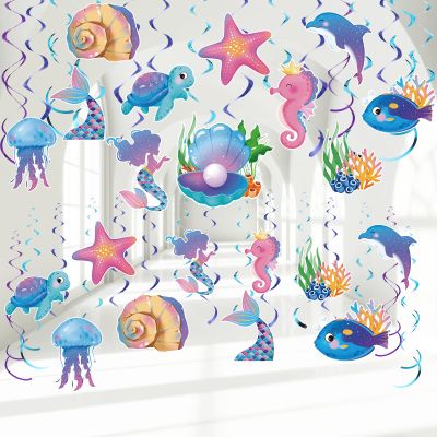 52 Pcs Mermaid Hanging Swirl Ceiling Streamers Decorations for Birthday, Ocean Theme, Under The Sea, Jellyfish Party, Baby Shower Supplies