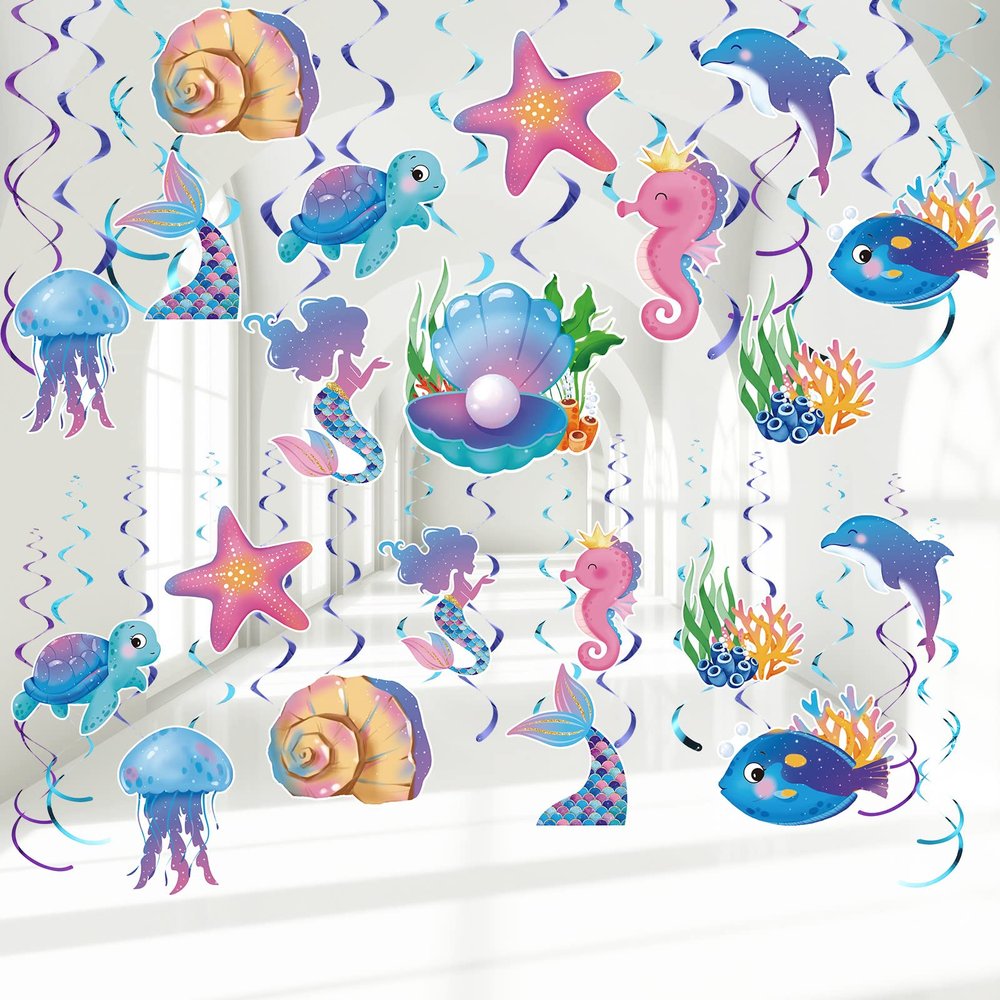 52 Pcs Mermaid Hanging Swirl Ceiling Streamers Decorations for Birthday, Ocean Theme, Under The Sea, Jellyfish Party, Baby Shower Supplies