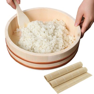 11 Sizes Sushi Rice Bowl with Copper Band, Wooden Japanese-Style Hangiri Sushi Oke Bucket Sushi Rice Mixing Tub, Free Roll Mat + Wood Spoon Making Sushi Tools / 39x9cm