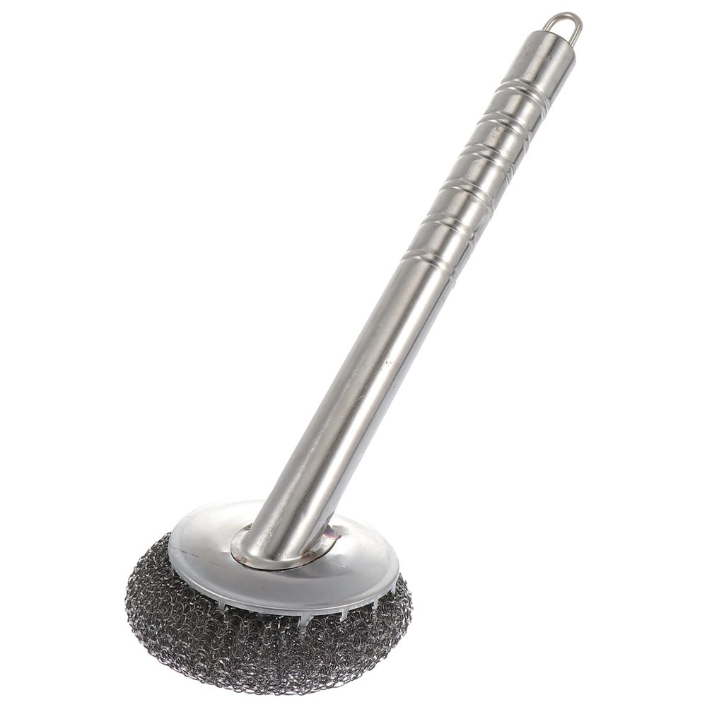 Cabilock 1pc Sturdy Stainless Steel Pot Brush Long Handle for Dishwashing and Kitchen Cleaning Steel Wire Ball Scrubber for Pans and Woks