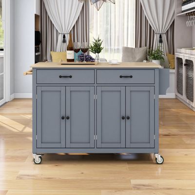Goujxcy Kitchen Island Cart on Wheels, Rolling Mobile Kitchen Trolley Cart with Storage Cabinet, Drawers, Towel Rack, Solid Wood Countertop, Lockable Casters, Adjustable Shelves