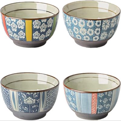 4-Piece 4.5inch Bowls Japanese Style Porcelain Cereal Bowl Dessert Bowl Rice Bowl 11.5 * 6.2cm300ML Service For 4 (Color : A)