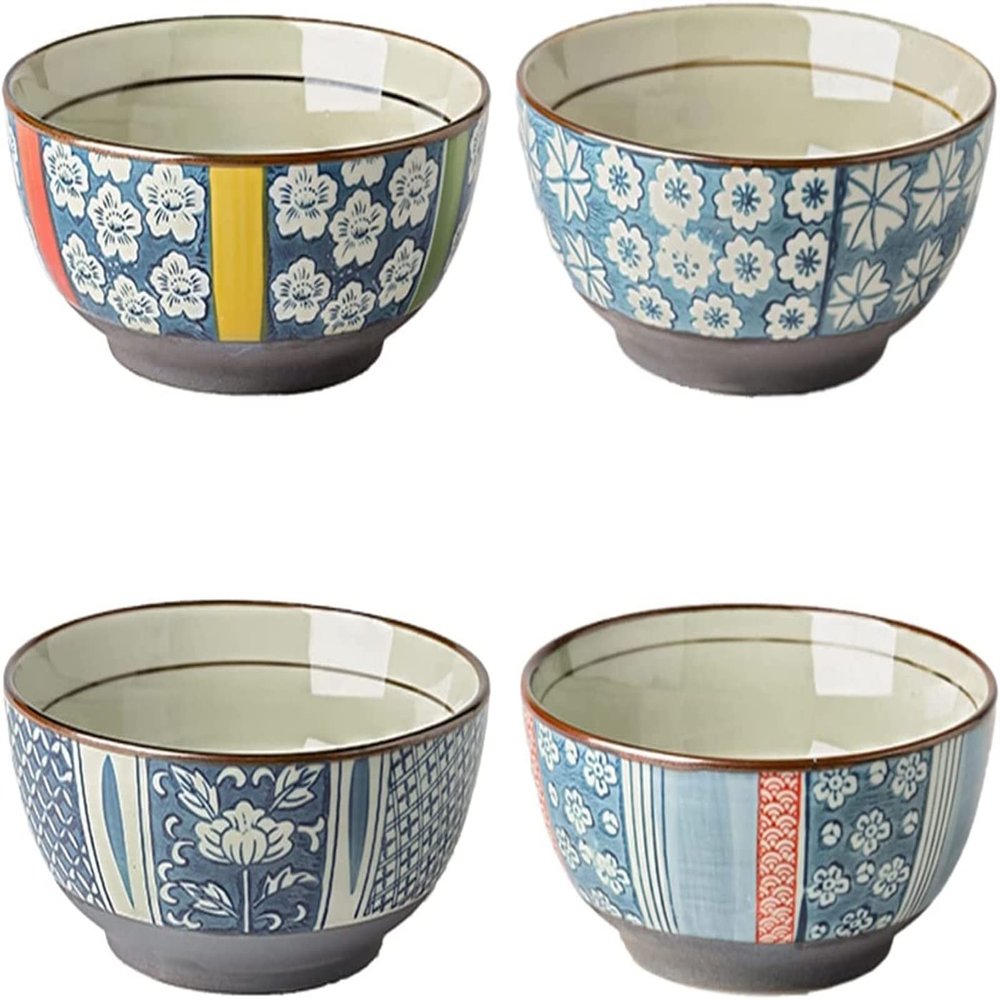 4-Piece 4.5inch Bowls Japanese Style Porcelain Cereal Bowl Dessert Bowl Rice Bowl 11.5 * 6.2cm300ML Service For 4 (Color : A)