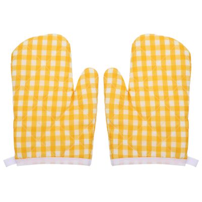 2Pcs Oven Mitts for Play Kitchen, Anti- Scald Gloves Microwave Oven Gloves Kitchen Mitts for Safe Baking Cooking (Yellow Checkered)