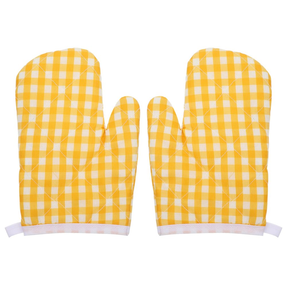 2Pcs Oven Mitts for Play Kitchen, Anti- Scald Gloves Microwave Oven Gloves Kitchen Mitts for Safe Baking Cooking (Yellow Checkered)