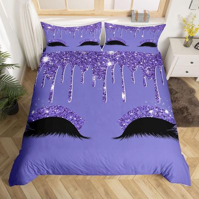 Feelyou Eyelash Bedding Set Luxury Bling Purple Comforter Cover for Girls Girly Priness Style Duvet Cover Bling Shiny Bedspread Cover Fairy Dreamy Queen Bedclothes Zipper