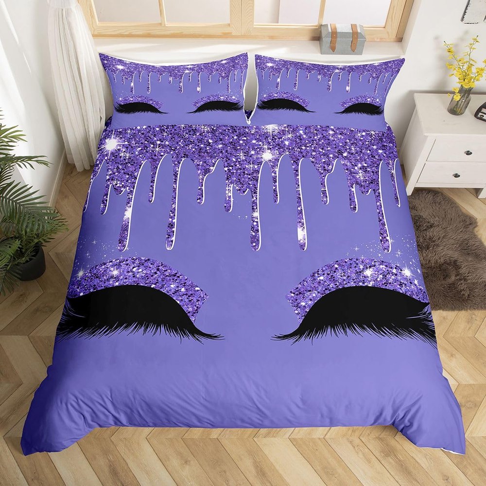 Feelyou Eyelash Bedding Set Luxury Bling Purple Comforter Cover for Girls Girly Priness Style Duvet Cover Bling Shiny Bedspread Cover Fairy Dreamy Queen Bedclothes Zipper