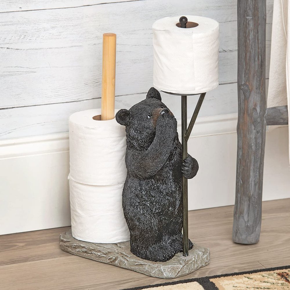 BLACK FOREST DECOR Bear Storage Toilet Paper Holder  Polyresin Bathroom Organizer with Stone-Finish Base, 12.5" W x 5" D x 18.5" H