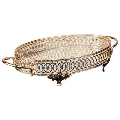 Handmade Fancy Serving Tray, Decorative Perfume Trays with Handles, Metal Vanity Tray for Dresser and Bathroom, Oval Mirror Gold Tray (Medium, Gold)