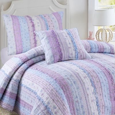 Cozy Line Home Fashions Shabby Chic Romantic Lace Purple Blue Floral Cotton Bedding Quilt Set, Reversible Coverlet, Bedspread (Lavender, King-4 Piece: 1 Quilt+2 King Shams+1 Decor Pillow)