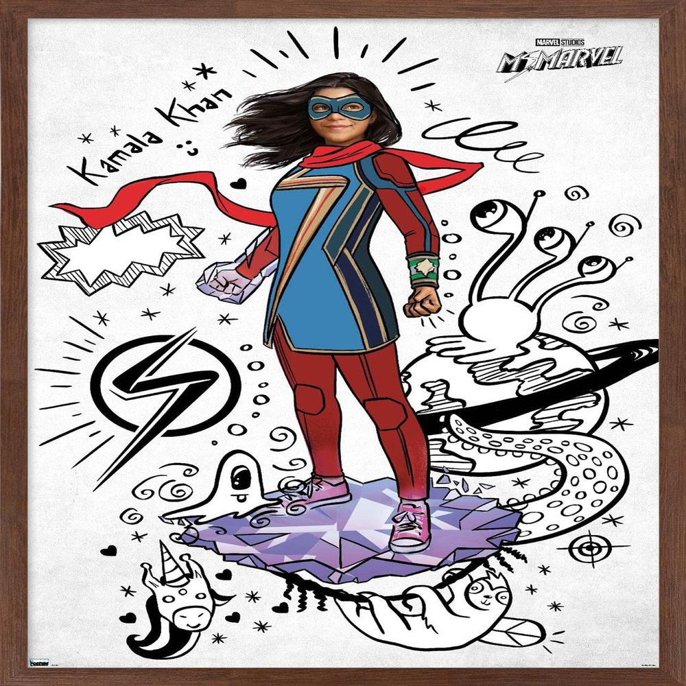 Trends International Marvel Ms. Marvel - Doodles Wall Poster, 34L x 22.4W, Mahogany Framed Version
