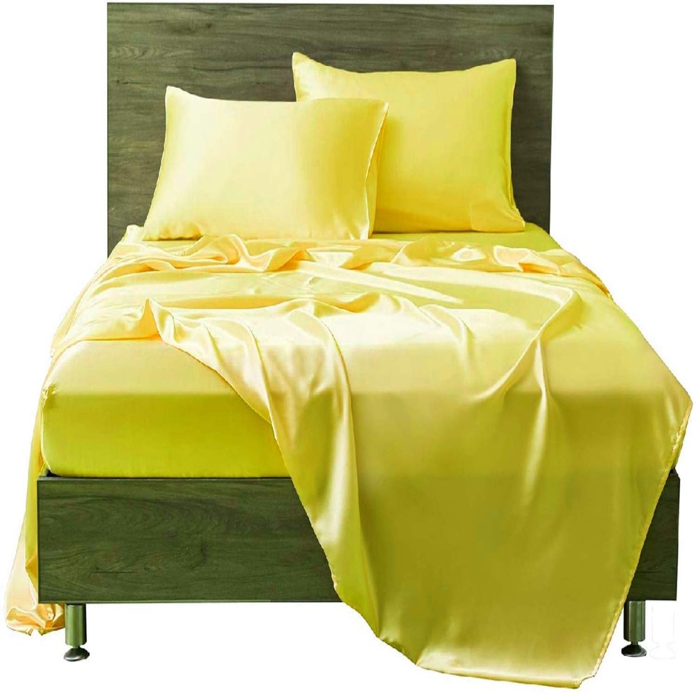 AMAY 4 Pc Sheet Set 500 Thread Count Pure Silk Grand King Size, Fits Mattress Upto 13-15'' Deep Pocket, Yellow Solid