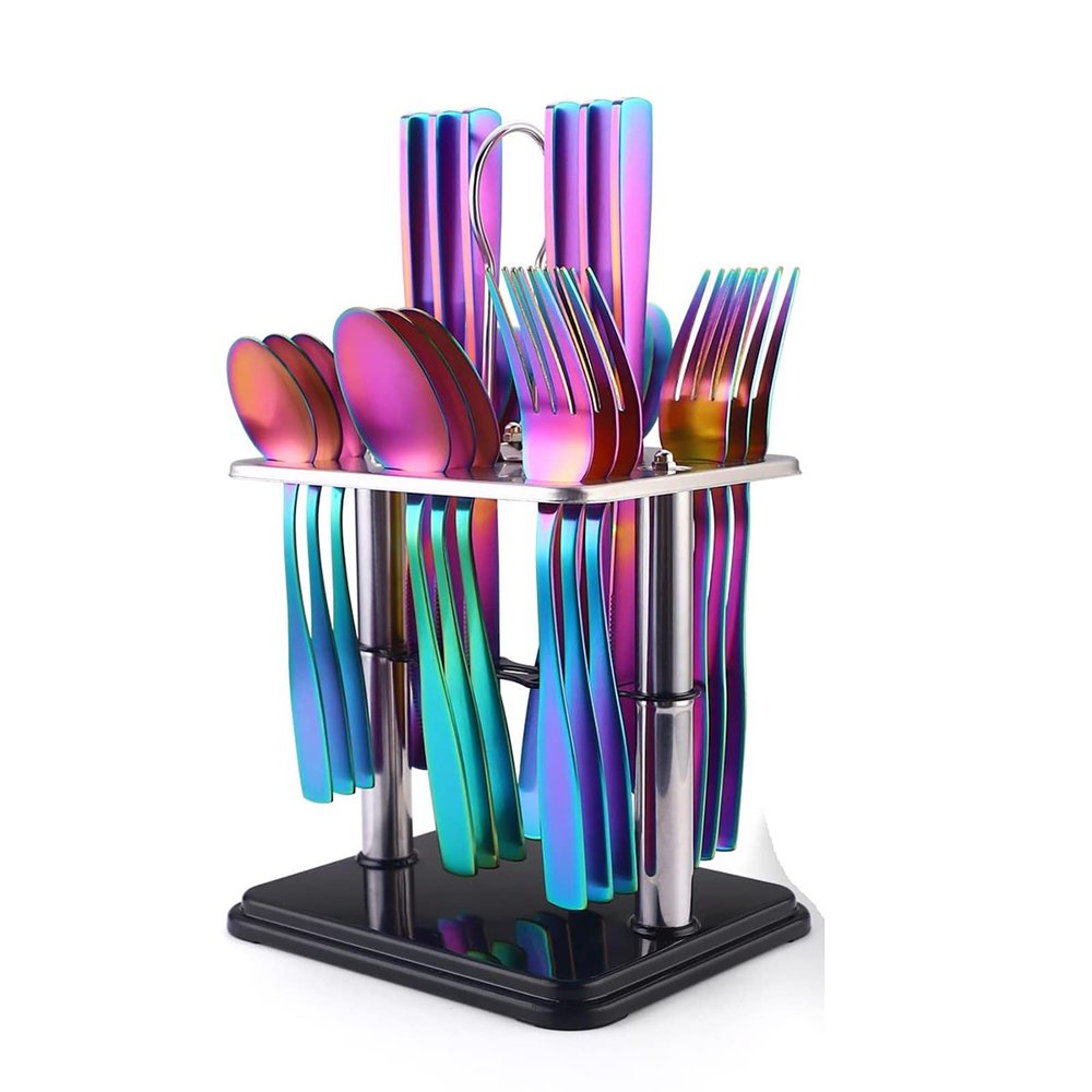 48 pcs Matte Rainbow Stainless Steel Flatware Set, Mirror Polished Tableware Cutlery Set for 6, Knife Fork And Spoon For Home Restaurant, Dishwasher Safe (48pcs, Rainbow)