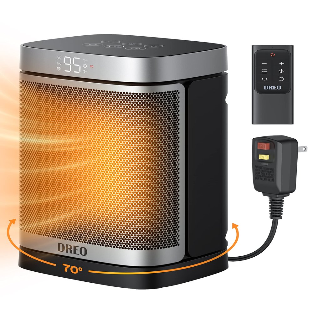 DREO Space Heater for Bathroom and Indoor, Portable Heater, 1500W Safe and Quiet PTC Ceramic Heater, 41-95F Digital Thermostat, 70Oscillating, Remote, ALCI Safety Plug, 12h Timer, 5 Modes