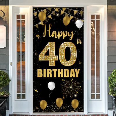 40th Birthday Door Banner Backdrop, Black Gold Happy 40th Birthday Decorations for Women Men, 40 Years Birthday Photo Props, 40 Birthday Party Sign Decor Supplies for Outdoor Indoor Sturdy, Vicycaty