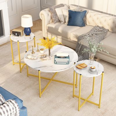 Lamerge Coffee Table Set of 3,Modern Faux Marble Top with Golden Frame,1 Coffee Table & 2 Accent Table, Living Room Table Set, for Apartment,Office and So on,White & Gold (LCTR-W)