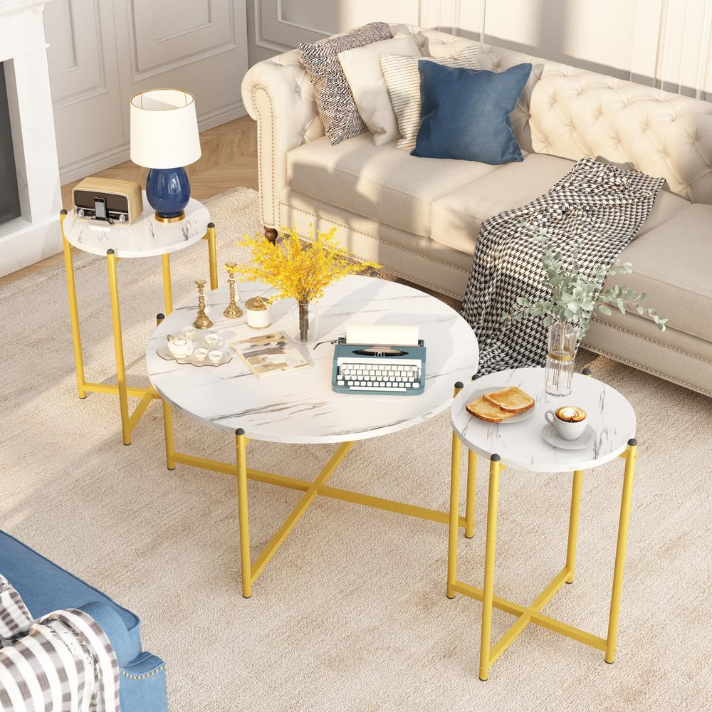 Lamerge Coffee Table Set of 3,Modern Faux Marble Top with Golden Frame,1 Coffee Table & 2 Accent Table, Living Room Table Set, for Apartment,Office and So on,White & Gold (LCTR-W)