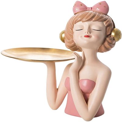 Girl Storage Tray Ornament Girl Figurine Girl Sculpture Storage Containers Tray for Living Room Table Home Decoration - Pink