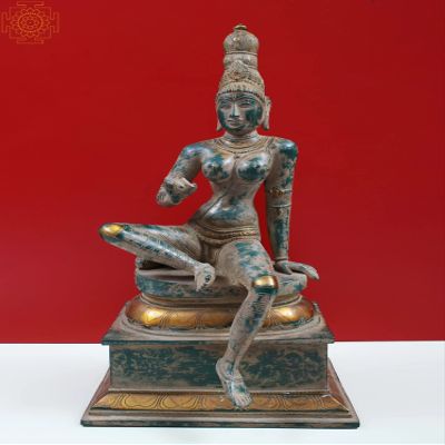 20" Seated Uma (Goddess Parvati) in Brass | Handmade | Made in India - Brass Sculpture - Color Mud Green Gold