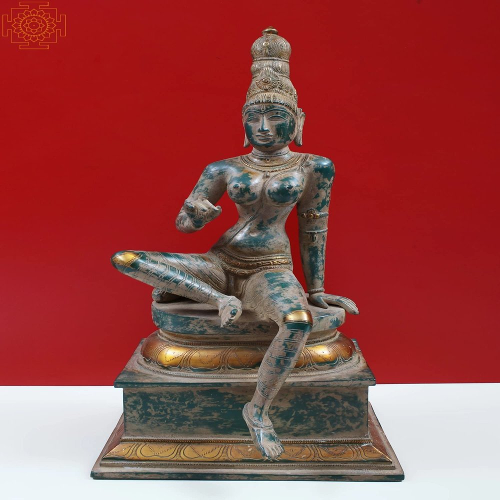 20" Seated Uma (Goddess Parvati) in Brass | Handmade | Made in India - Brass Sculpture - Color Mud Green Gold