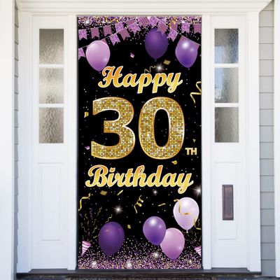 30th Birthday Door Banner Backdrop, Happy 30th Birthday Decorations for Women Her Purple Gold, 30 Years Birthday Photo Props, 30 Birthday Party Sign Decor Supplies for Outdoor Indoor Sturdy, Vicycaty