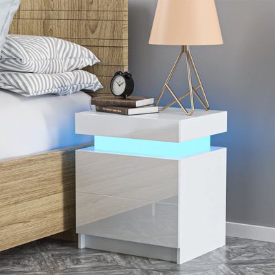 1 Pack LED Light Bedside Table Cabinet Nightstand With Drawer Home Bedroom - White High Gloss Finish
