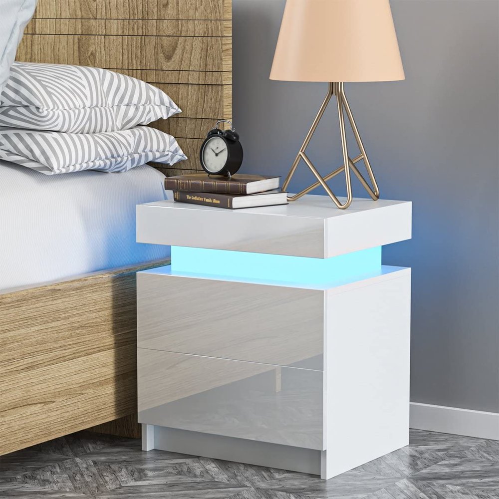 1 Pack LED Light Bedside Table Cabinet Nightstand With Drawer Home Bedroom - White High Gloss Finish