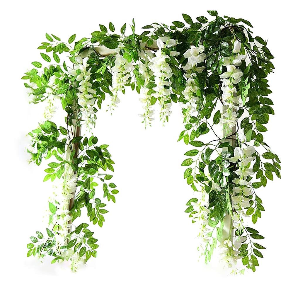 Eioflia Artificial Flowers Vine,Fake Wisteria Hanging Vine Flower Vine Garlands,1.8m Artificial Garden Screening Fence Hedge Screen Expanding Leaf Trellis -Artificial Hedges Panels Roll-White