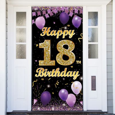 18th Birthday Door Banner Backdrop, Happy 18th Birthday Decorations for Girls Purple Gold, 18 Years Old Bday Photo Props, Eighteen Bday Party Sign Decor for Outdoor Indoor Sturdy, Vicycaty