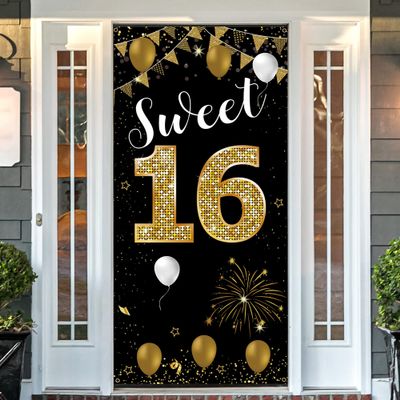 Sweet 16 Birthday Backdrop Door Banner, 16th Birthday Decorations for Girls Boys Black Gold, Sweet Sixteen Photo Booth Props, 16 Party Sign for Outdoor Indoor Supplies, Vicycaty
