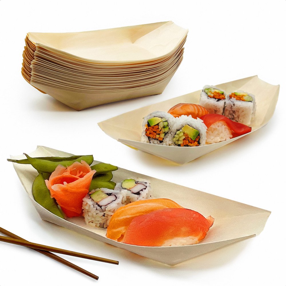 100 Pk Extra Large 10" Biodegradable Sushi Boats. 100% Disposable Appetizer Plates. Compostable Natural Wood Food Trays. Sturdy Poplar Serving Dish. Eco-Friendly Bamboo Sushi and Sashimi Party Kit.