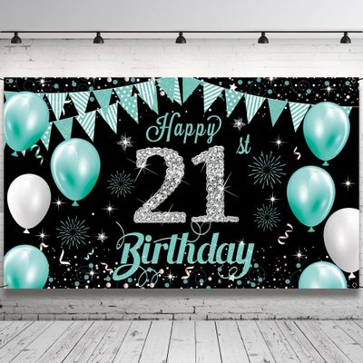 21st Birthday Decorations Backdrop Banner, Teal Silver Happy 21st Birthday Decorations for Her, Turquoise 21 Birthday Party Photo Backdrop Decor Supplies for Women, Fabric 6.1ft x 3.6ft Vicycaty