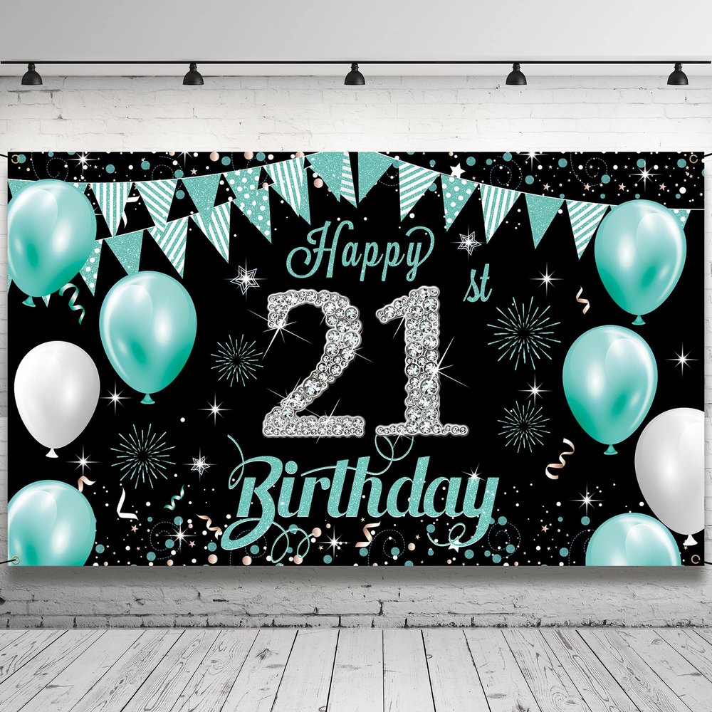21st Birthday Decorations Backdrop Banner, Teal Silver Happy 21st Birthday Decorations for Her, Turquoise 21 Birthday Party Photo Backdrop Decor Supplies for Women, Fabric 6.1ft x 3.6ft Vicycaty
