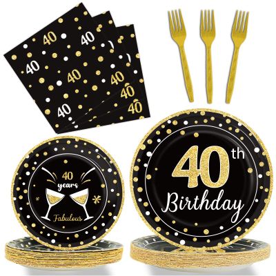 96 Pcs 40th Birthday Plates and Napkins Party Supplies Black Gold Happy Forty Theme Tableware Set 40th Birthday Decorations Favors for Men and Women Serves 24