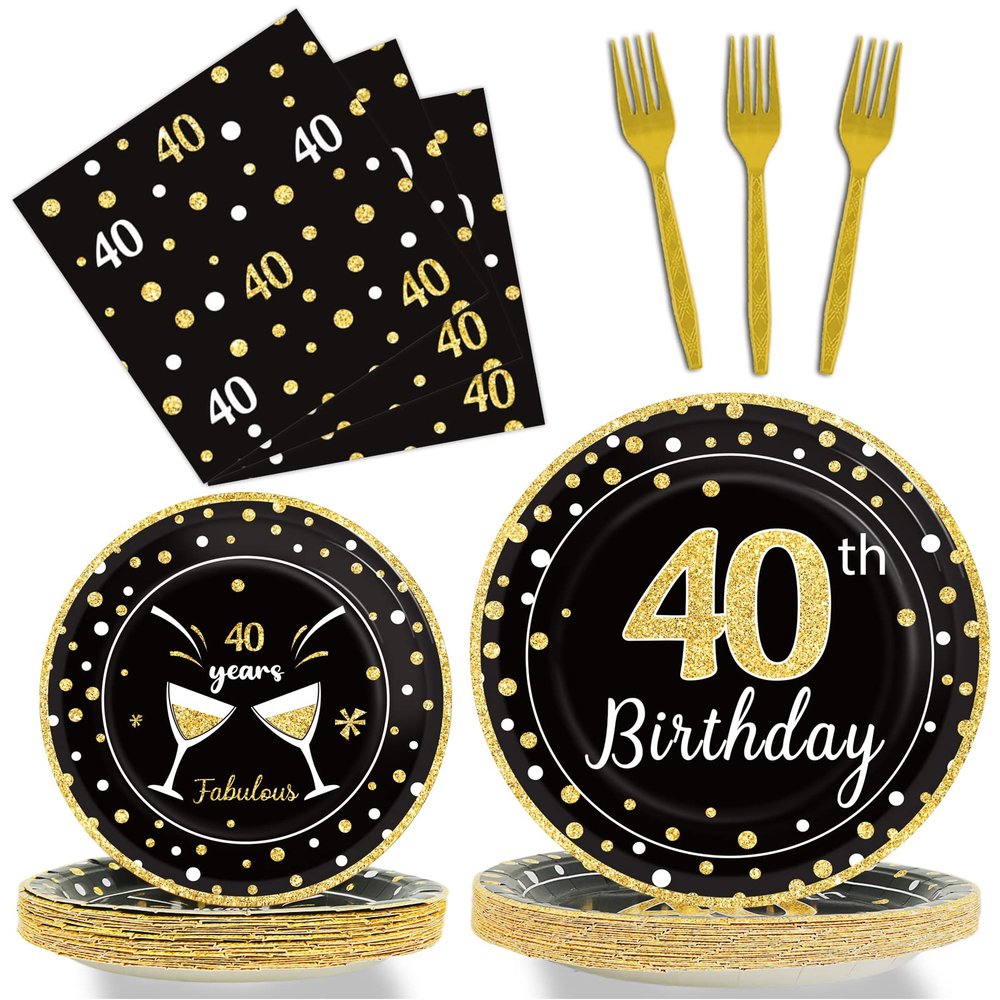 96 Pcs 40th Birthday Plates and Napkins Party Supplies Black Gold Happy Forty Theme Tableware Set 40th Birthday Decorations Favors for Men and Women Serves 24