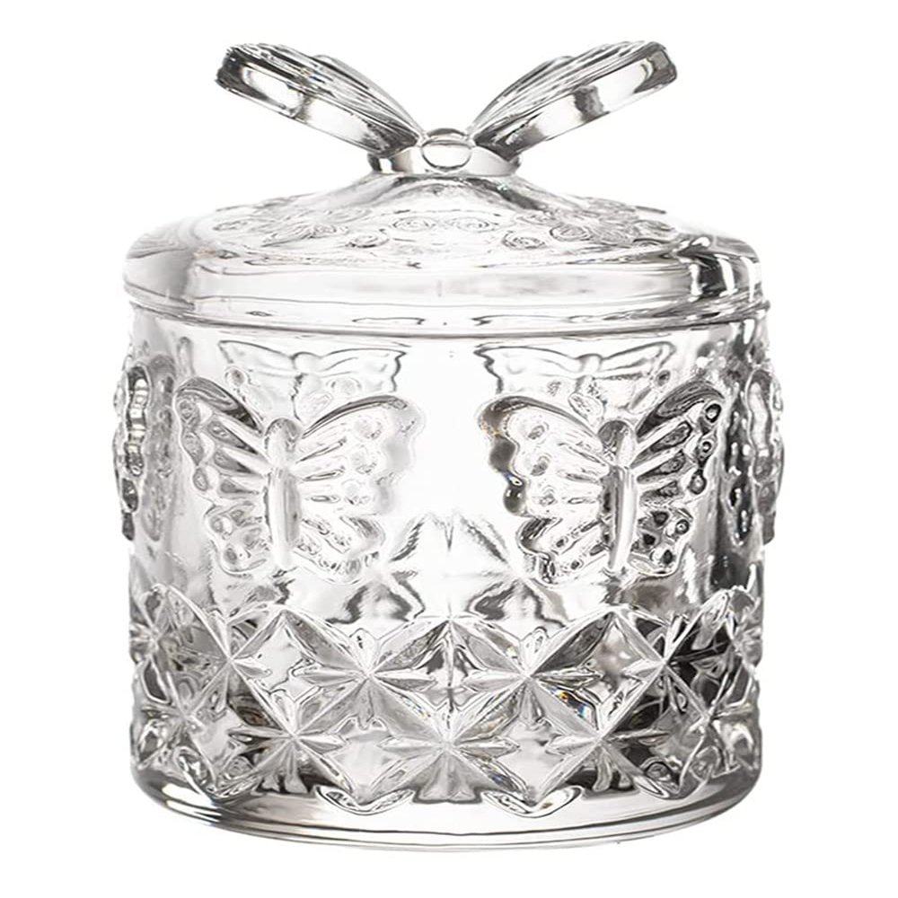 123Arts Crystal Glass Candy Dish Relief Butterfly Sugar Bowl Storage Jar with Lid