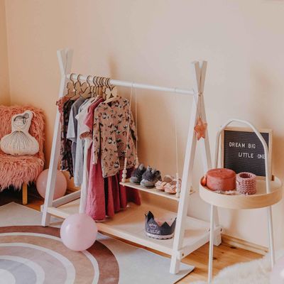 Teepee Style Clothing Rack with Storage, Clothing rack from solid wood, Children wardrobe, Wood clothing rack Wood clothes rack (White)
