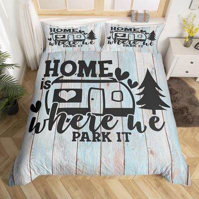 Farmhouse Rustic Camping Comforter Cover,Funny Home Where We Park It Duvet Cover for Girls Teens Decorative Bedroom,Explore Camper Gifts RV Life Polyester Quilt Cover with 2 Pillowcases, Full Size