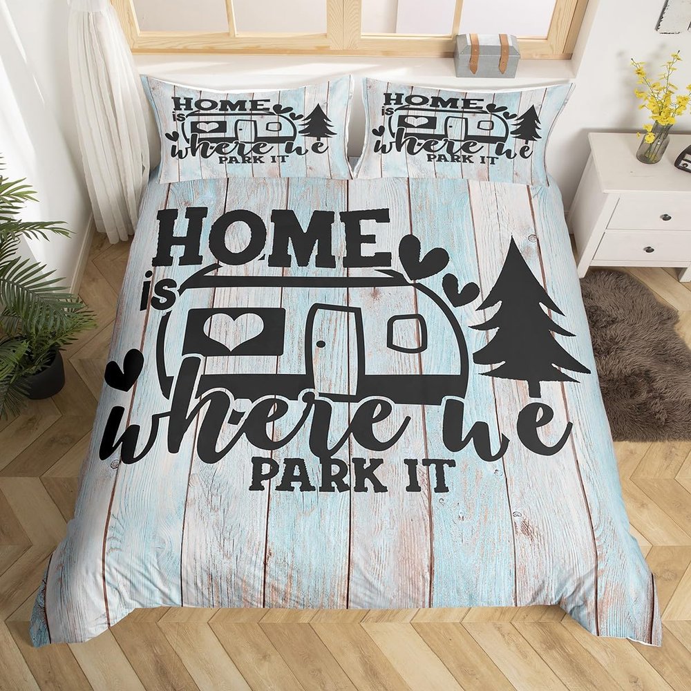 Farmhouse Rustic Camping Comforter Cover,Funny Home Where We Park It Duvet Cover for Girls Teens Decorative Bedroom,Explore Camper Gifts RV Life Polyester Quilt Cover with 2 Pillowcases, Full Size