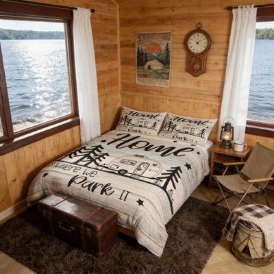 RV Happy Camping Comforter Cover Full Size,Home is Where We Park It Duvet Cover with 2 Pillowcases,3 Piece,Rustic Explore Camper Vanlife Polyester Bedding Set for Boys Teens Bedroom Decor